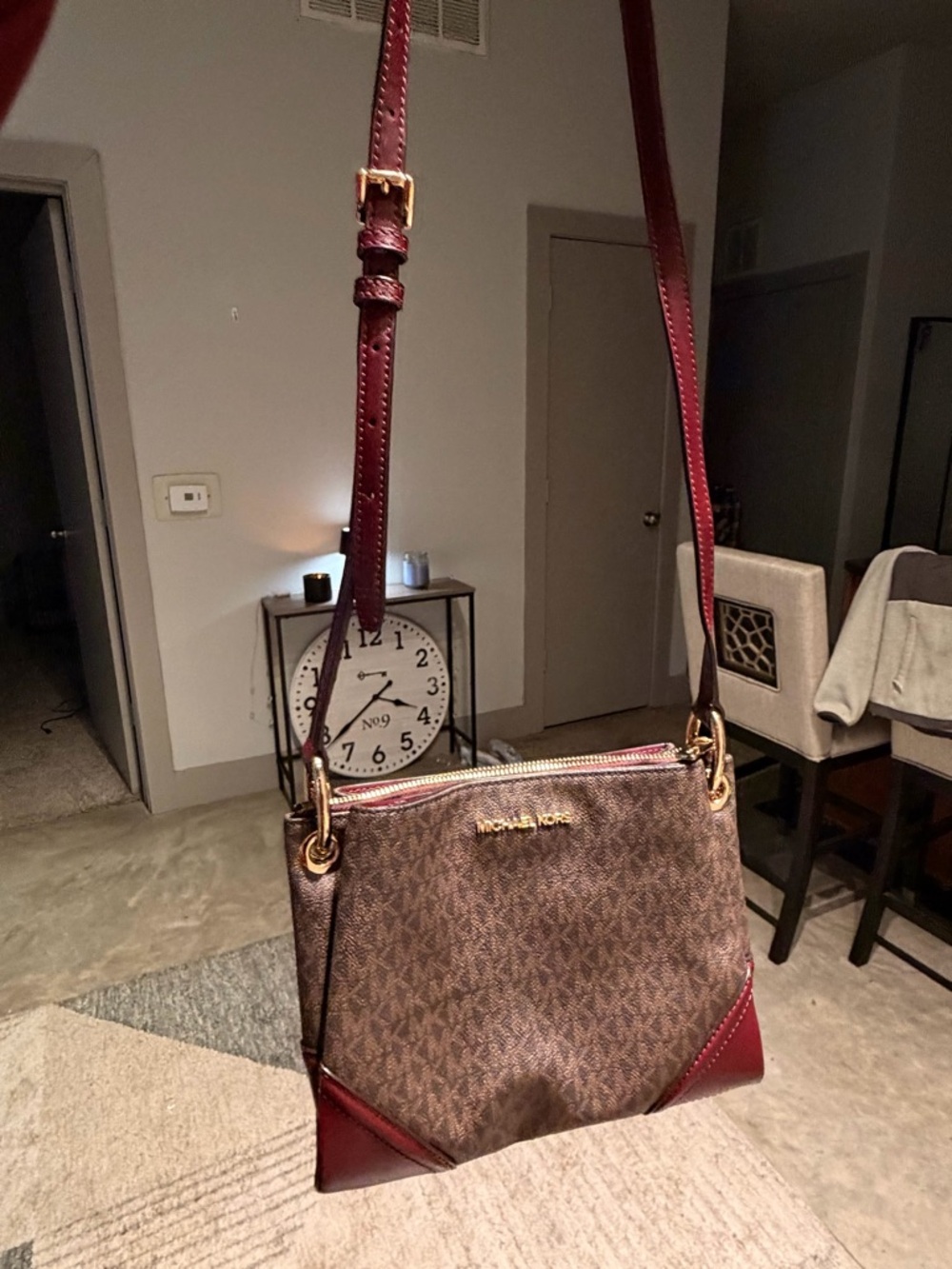 Michael Kors Brown Monogram Jet Set Logo Crossbody with Burgundy Accents - Picture 8 of 16
